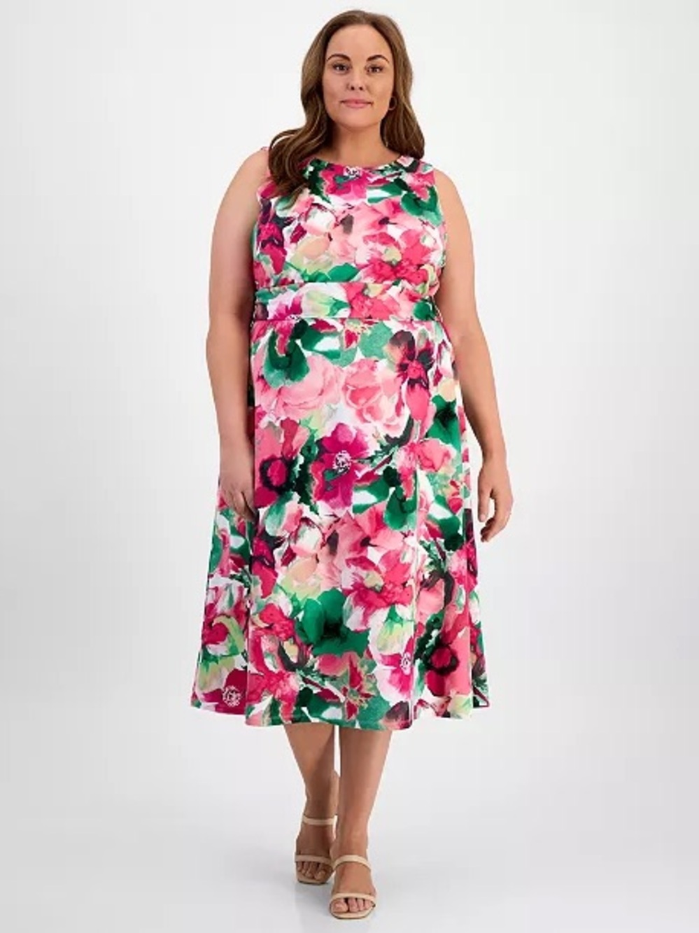 Kasper Floral Sleeveless Midi Dress in Pink & Green